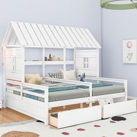 Twin Size House Platform Beds with Two Drawers for Boy and Girl Shared Beds, Combination of 2 Side by Side Twin Size Beds,White