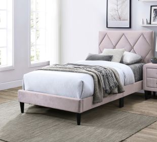 Full Size Bed w Adjustable Headboard 1pc Bedframe, Light Pink Velvet Upholstered Youth Bedroom Furniture