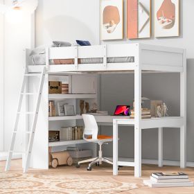 Full Size Loft Bed with Desk and Shelf - White