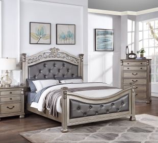 Formal Traditional Antique Silver 1pc Queen Size Bed Tufted Faux Leather Headboard Footboard Bedframe