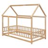 Twin Size Floor Wooden Bed with House Roof Frame, Fence Guardrails,Natural(Old SKU:W1791106616)