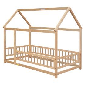 Twin Size Floor Wooden Bed with House Roof Frame, Fence Guardrails,Natural(Old SKU:W1791106616)