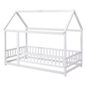 Twin Size Floor Wooden Bed with House Roof Frame, Fence Guardrails,White(Old SKU:W1791106615)