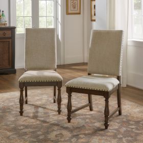 Traditional Classic Brown Dinng Chair Set of 2 Beige Fabric Upholstered Nailhead Trim Wooden Dining Room Furniture