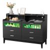 Black Wood Tempered Glass Drawer Dresser with LED Light Strips & Charging Station & USB Ports Bed Table