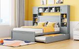 Full Size Wooden Bed With All-in-One Cabinet, Shelf and Sockets, Gray