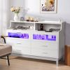 White Wood Tempered Glass Drawer Dresser with LED Light Strips & Charging Station & USB Ports Bed Table