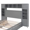 Full Size Wooden Bed With All-in-One Cabinet, Shelf and Sockets, Gray