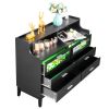 Black Wood Tempered Glass Drawer Dresser with LED Light Strips & Charging Station & USB Ports Bed Table