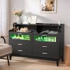 Black Wood Tempered Glass Drawer Dresser with LED Light Strips & Charging Station & USB Ports Bed Table