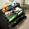 Black Wood Tempered Glass Drawer Dresser with LED Light Strips & Charging Station & USB Ports Bed Table