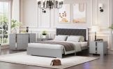 4-Pieces Bedroom Sets Queen Size Upholstered Bed with LED Lights, Mirrored Nightstands and Dresser with Metal Handles and Legs,Grey