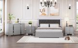 4-Pieces Bedroom Sets Queen Size Upholstered Bed with LED Lights, Mirrored Nightstands and Dresser with Metal Handles and Legs,Grey