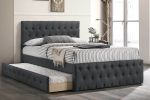 Contemporary Twin Size Bed w/ Trundle Slats Charcoal Burlap Upholstered Button Tufted Headboard Footboard Youth Bedroom Furniture wooden Slats 1pc Bed