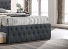 Contemporary Twin Size Bed w/ Trundle Slats Charcoal Burlap Upholstered Button Tufted Headboard Footboard Youth Bedroom Furniture wooden Slats 1pc Bed