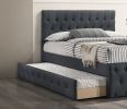 Contemporary Twin Size Bed w/ Trundle Slats Charcoal Burlap Upholstered Button Tufted Headboard Footboard Youth Bedroom Furniture wooden Slats 1pc Bed