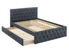 Contemporary Twin Size Bed w/ Trundle Slats Charcoal Burlap Upholstered Button Tufted Headboard Footboard Youth Bedroom Furniture wooden Slats 1pc Bed