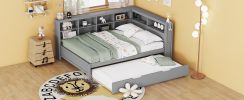 Wooden Full Size DayBed with Twin Size Trundle, DayBed with Storage Shelf and USB Charging Ports,Grey