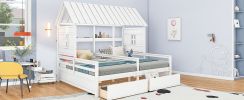 Twin Size House Platform Beds with Two Drawers for Boy and Girl Shared Beds, Combination of 2 Side by Side Twin Size Beds,White