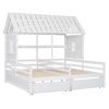 Twin Size House Platform Beds with Two Drawers for Boy and Girl Shared Beds, Combination of 2 Side by Side Twin Size Beds,White