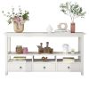 3 Tier Vintage Solid Console Table with 3 Drawers and Shelves, Industrial Console Table Coffee Table for Living Room Entry Bedroom White Color