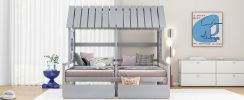 Twin Size House Platform Beds with Two Drawers for Boy and Girl Shared Beds, Combination of 2 Side by Side Twin Size Beds, Gray