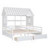 Twin Size House Platform Beds with Two Drawers for Boy and Girl Shared Beds, Combination of 2 Side by Side Twin Size Beds,White