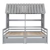 Twin Size House Platform Beds with Two Drawers for Boy and Girl Shared Beds, Combination of 2 Side by Side Twin Size Beds, Gray