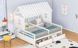 Twin Size House Platform Beds with Two Drawers for Boy and Girl Shared Beds, Combination of 2 Side by Side Twin Size Beds,White