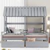 Twin Size House Platform Beds with Two Drawers for Boy and Girl Shared Beds, Combination of 2 Side by Side Twin Size Beds, Gray