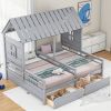 Twin Size House Platform Beds with Two Drawers for Boy and Girl Shared Beds, Combination of 2 Side by Side Twin Size Beds, Gray