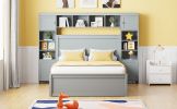 Full Size Wooden Bed With All-in-One Cabinet, Shelf and Sockets, Gray