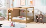 Full size House Bed with Two Drawers and Wardrobe,Natural