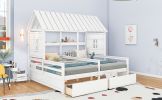 Twin Size House Platform Beds with Two Drawers for Boy and Girl Shared Beds, Combination of 2 Side by Side Twin Size Beds,White