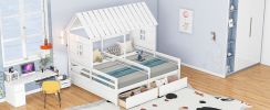 Twin Size House Platform Beds with Two Drawers for Boy and Girl Shared Beds, Combination of 2 Side by Side Twin Size Beds,White