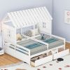 Twin Size House Platform Beds with Two Drawers for Boy and Girl Shared Beds, Combination of 2 Side by Side Twin Size Beds,White