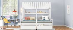 Twin Size House Platform Beds with Two Drawers for Boy and Girl Shared Beds, Combination of 2 Side by Side Twin Size Beds,White