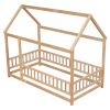 Twin Size Floor Wooden Bed with House Roof Frame, Fence Guardrails,Natural(Old SKU:W1791106616)