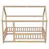 Twin Size Floor Wooden Bed with House Roof Frame, Fence Guardrails,Natural(Old SKU:W1791106616)