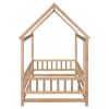 Twin Size Floor Wooden Bed with House Roof Frame, Fence Guardrails,Natural(Old SKU:W1791106616)