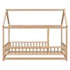 Twin Size Floor Wooden Bed with House Roof Frame, Fence Guardrails,Natural(Old SKU:W1791106616)