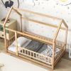 Twin Size Floor Wooden Bed with House Roof Frame, Fence Guardrails,Natural(Old SKU:W1791106616)