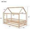 Twin Size Floor Wooden Bed with House Roof Frame, Fence Guardrails,Natural(Old SKU:W1791106616)