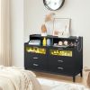 Black Wood Tempered Glass Drawer Dresser with LED Light Strips & Charging Station & USB Ports Bed Table