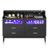 Black Wood Tempered Glass Drawer Dresser with LED Light Strips & Charging Station & USB Ports Bed Table