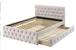 Contemporary Full Size Bed w/ Trundle Slats Light Brown Burlap Upholstered Tufted Headboard Footboard Youth Bedroom Furniture wooden Slats 1pc Bed