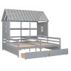 Twin Size House Platform Beds with Two Drawers for Boy and Girl Shared Beds, Combination of 2 Side by Side Twin Size Beds, Gray