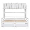 Twin Size House Platform Beds with Two Drawers for Boy and Girl Shared Beds, Combination of 2 Side by Side Twin Size Beds,White