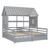 Twin Size House Platform Beds with Two Drawers for Boy and Girl Shared Beds, Combination of 2 Side by Side Twin Size Beds, Gray