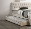 Contemporary Full Size Bed w/ Trundle Slats Light Brown Burlap Upholstered Tufted Headboard Footboard Youth Bedroom Furniture wooden Slats 1pc Bed